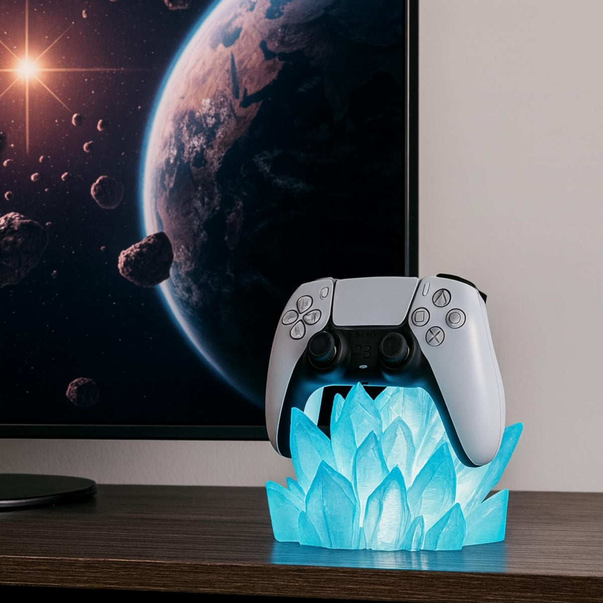 Crystal LED Controller Holder – Illuminated Gamer Desk Display Stand with Ambient Lighting - ThreadaliciousUK
