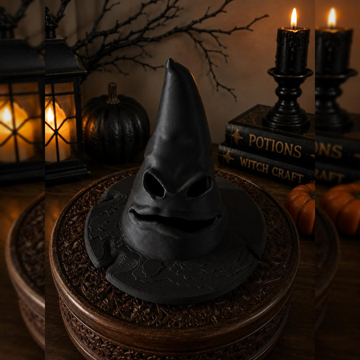 Glowing Witch Hat Face Ornament | Gothic Halloween Decor