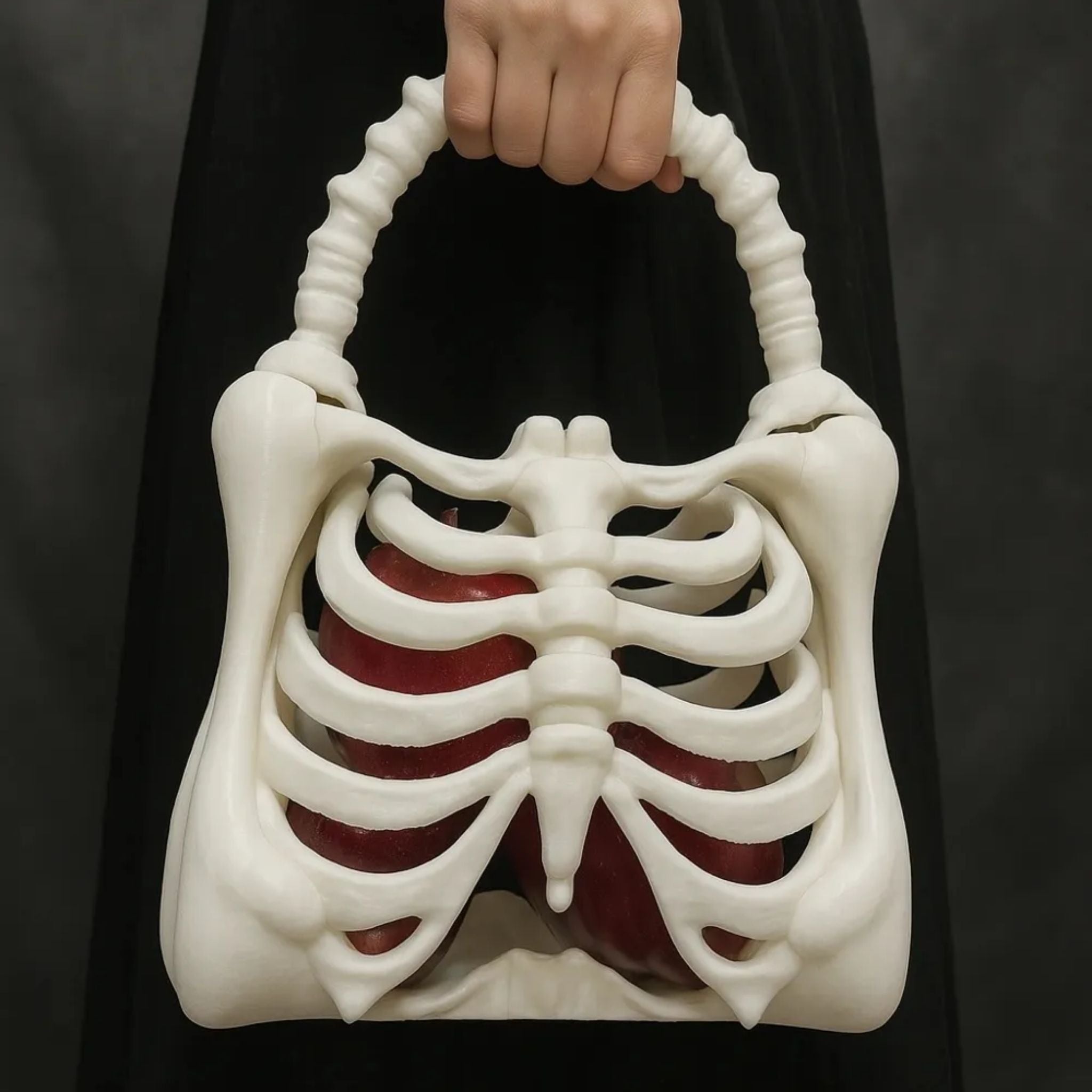 White skeleton handbag held by a person against a black background