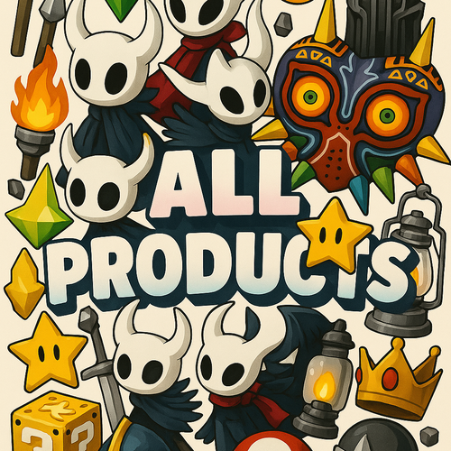 Illustrations of various game items and characters with 'All Products' text on a beige background.