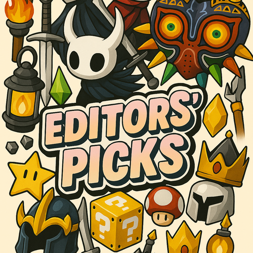 Illustrations of game-themed items with 'Editors' Picks' text on a beige background