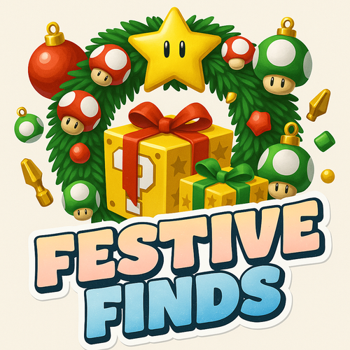 Decorative wreath with Christmas-themed items and 'Festive Finds' text on a beige background