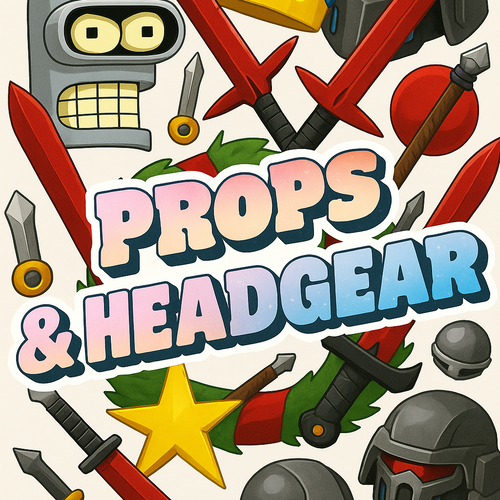 Illustrations of helmets, swords, and crowns with the text 'Props & Headgear' on a beige background.
