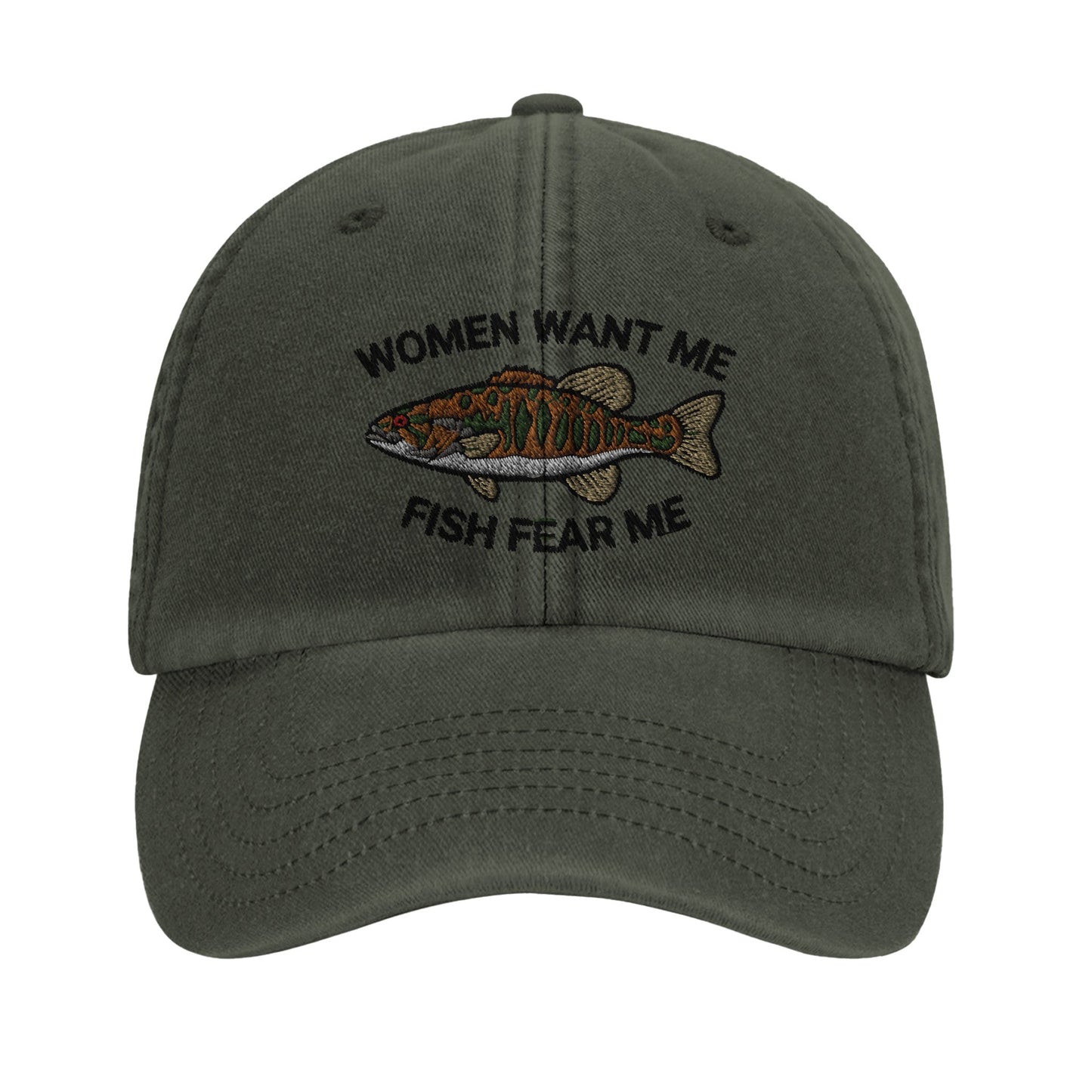 Funny Dad Hat - 'Women Want Me, Fish Fear Me' Quote - Perfect Fishing Cap - ProfessorPrintsUK - Vintage Olive