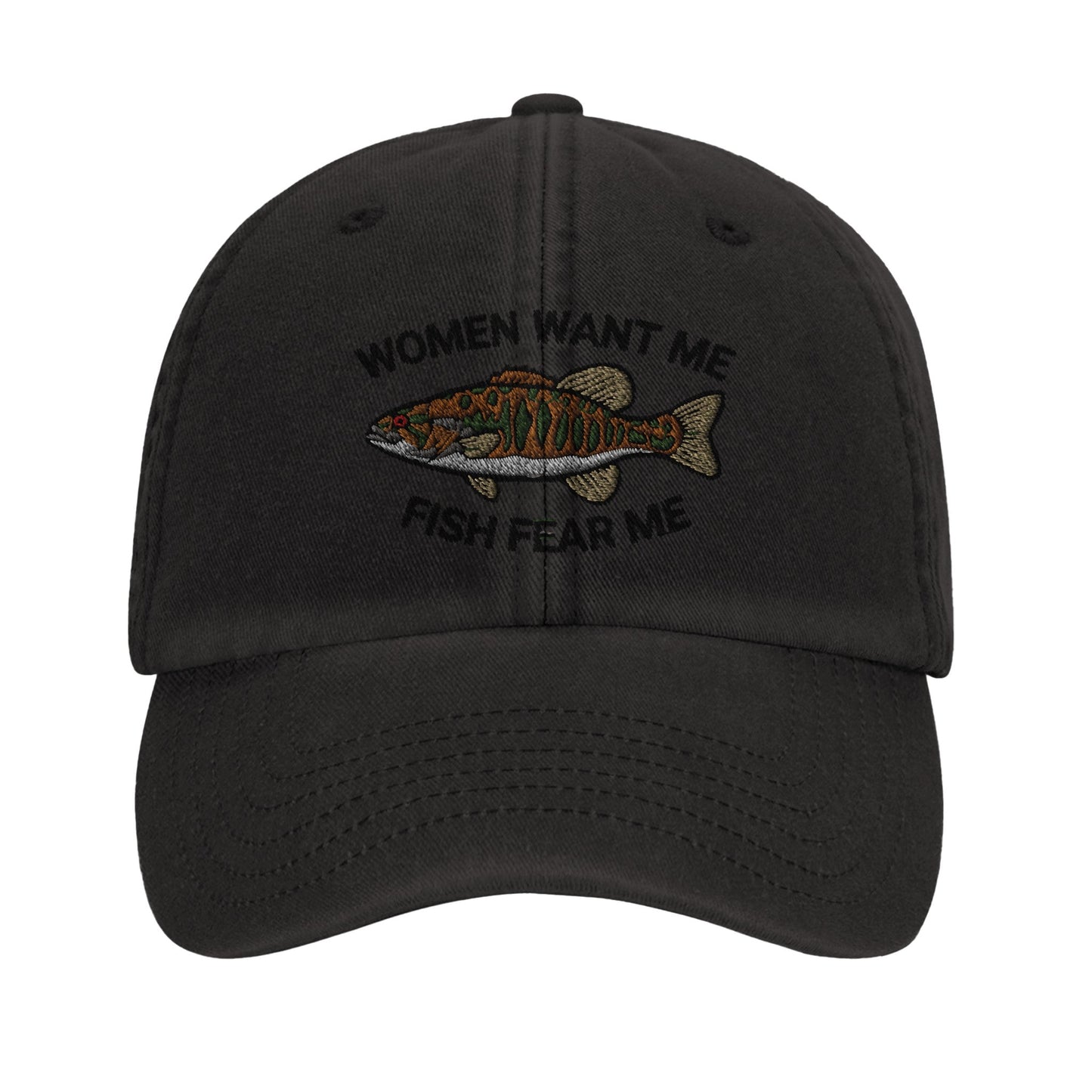 Funny Dad Hat - 'Women Want Me, Fish Fear Me' Quote - Perfect Fishing Cap - ProfessorPrintsUK - Vintage Black