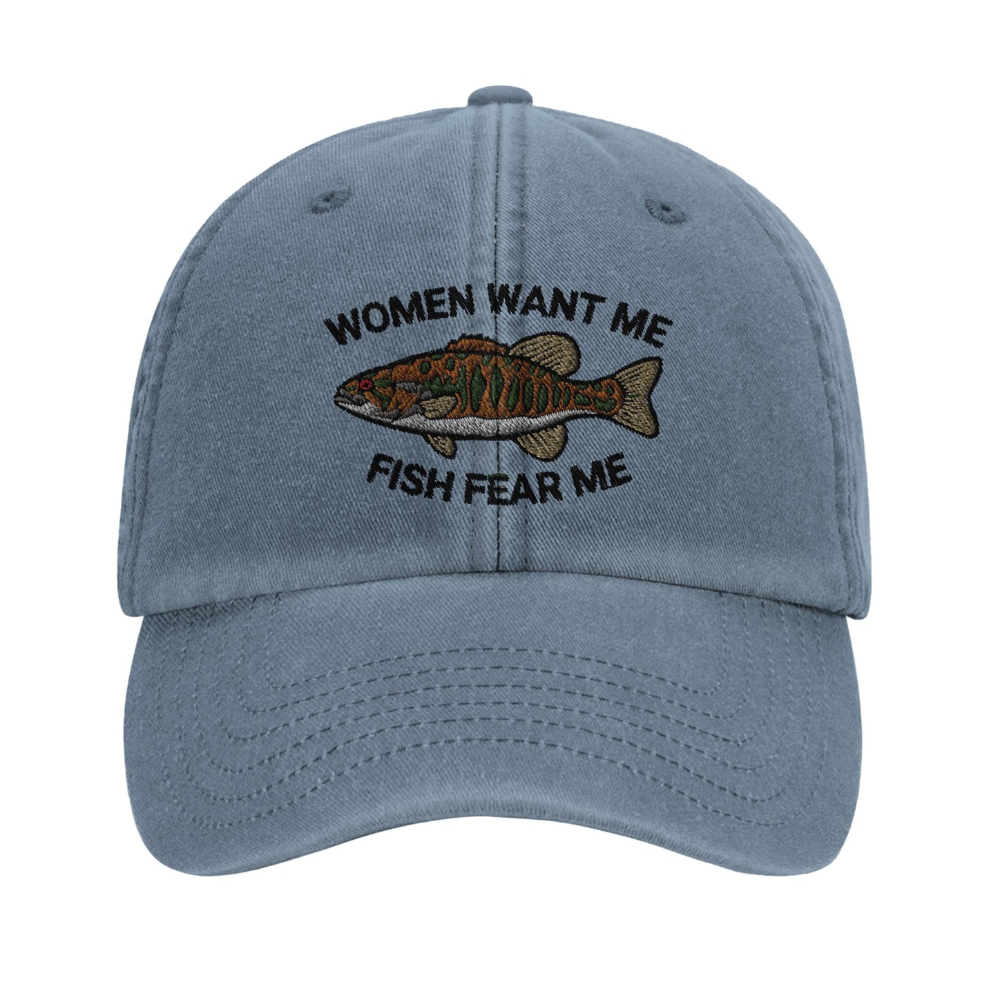 Funny Dad Hat - 'Women Want Me, Fish Fear Me' Quote - Perfect Fishing Cap - ProfessorPrintsUK - Vintage Light Denim