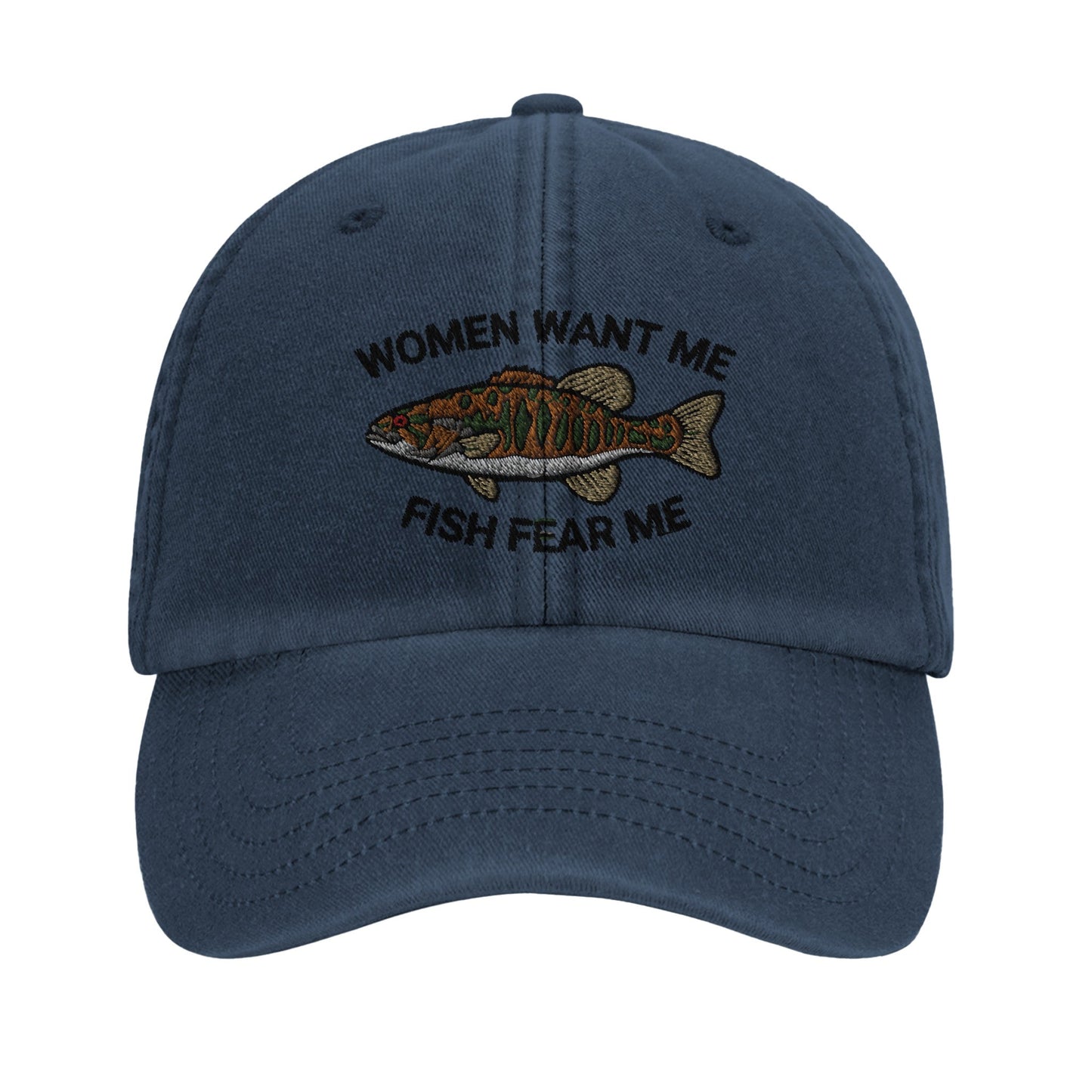 Funny Dad Hat - 'Women Want Me, Fish Fear Me' Quote - Perfect Fishing Cap - ProfessorPrintsUK - Vintage Denim