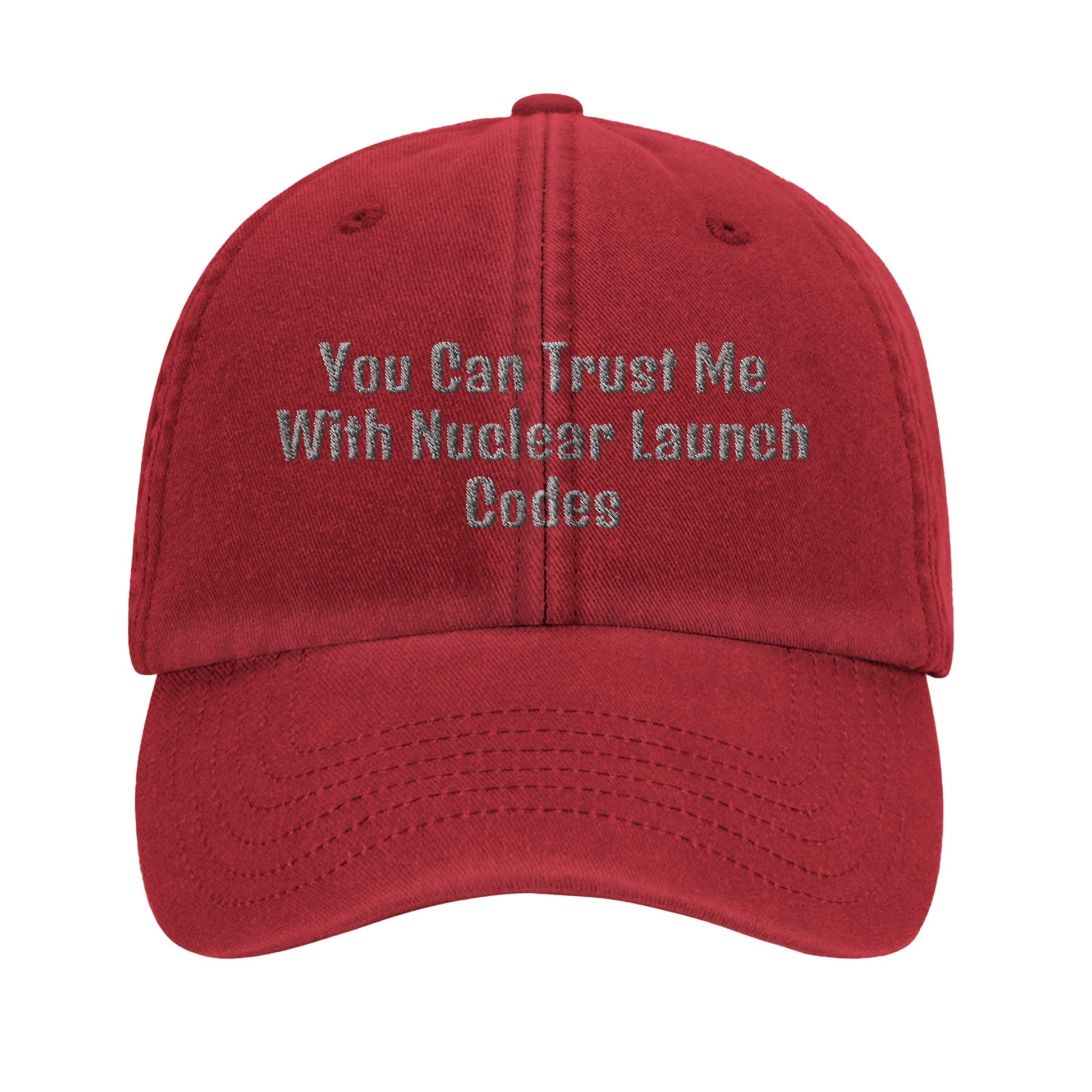 Funny Dad Hat - 'You Can Trust Me with Nuclear Launch Codes' Quote - Unique Statement Cap - ProfessorPrintsUK - Vintage Red