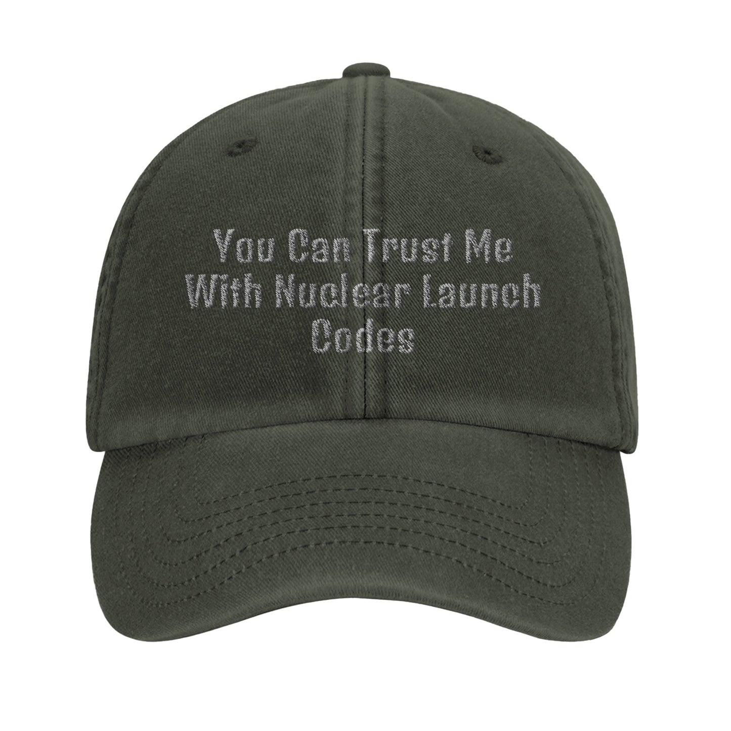 Funny Dad Hat - 'You Can Trust Me with Nuclear Launch Codes' Quote - Unique Statement Cap - ProfessorPrintsUK - Vintage Olive