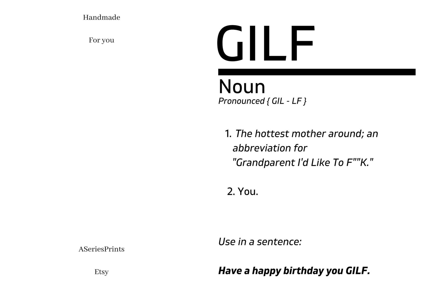 GILF Card | GILF Definition Card | Funny Birthday Card | Definition Card | Card For Grandparents - ProfessorPrintsUK -