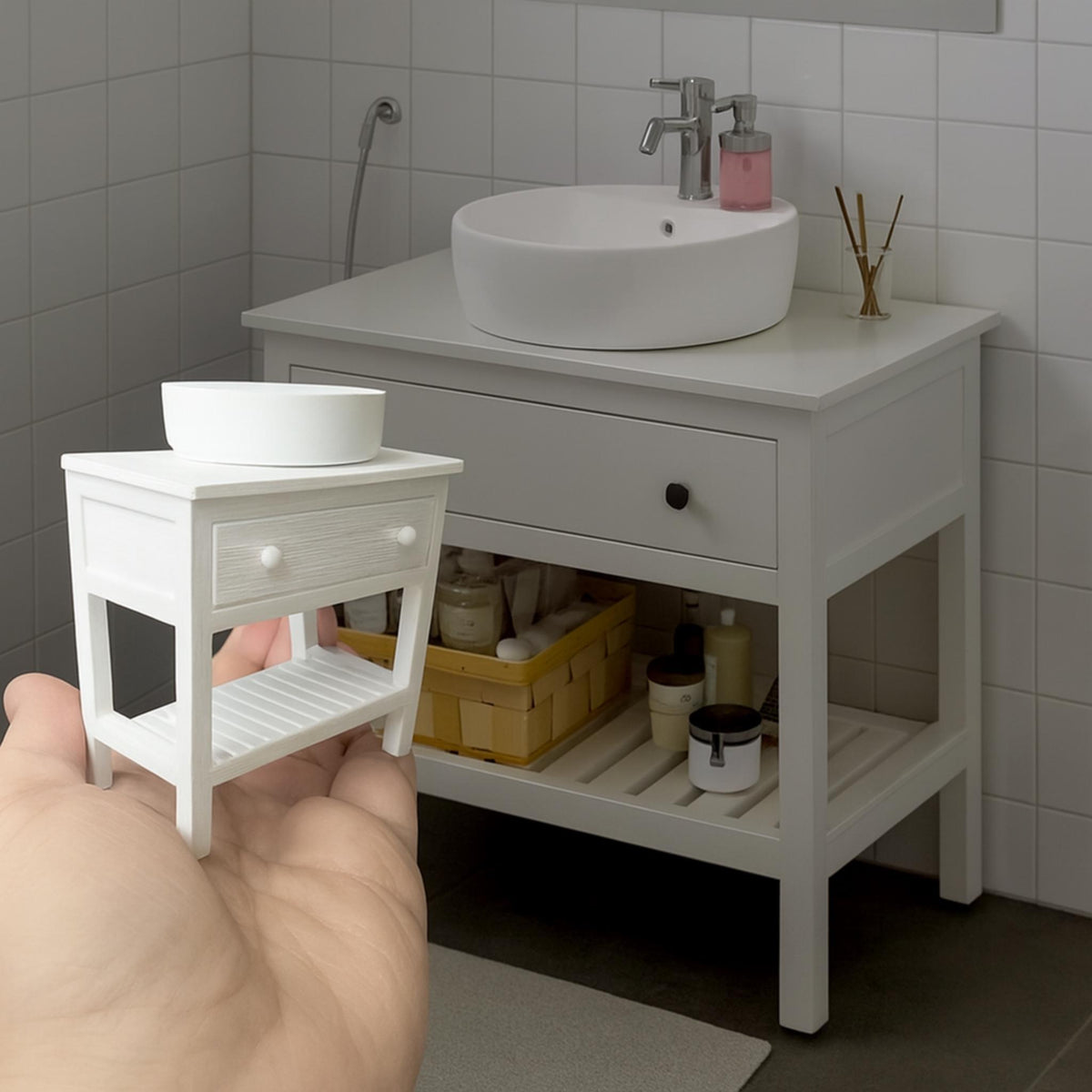 Miniature Dollhouse Sink Unit • Round Countertop Basin with Cabinet • Tiny Bathroom Furniture Accessory - ThreadaliciousUK