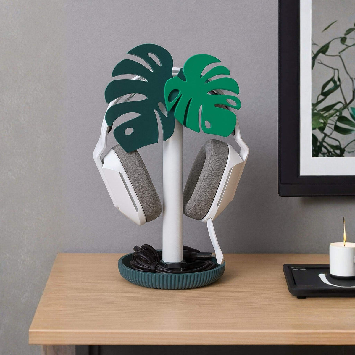 Monstera Headphone Stand • Tropical Leaf Desk Holder • Stylish Headset Display for Gaming or Office Setups - ThreadaliciousUK