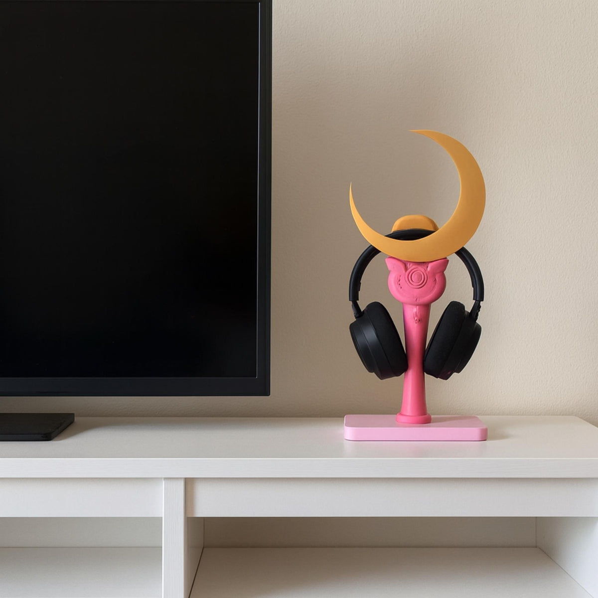 Moon Headphone Stand • Magical Crescent Desk Holder • Pink Headset Display for Gaming or Office Setups - ThreadaliciousUK
