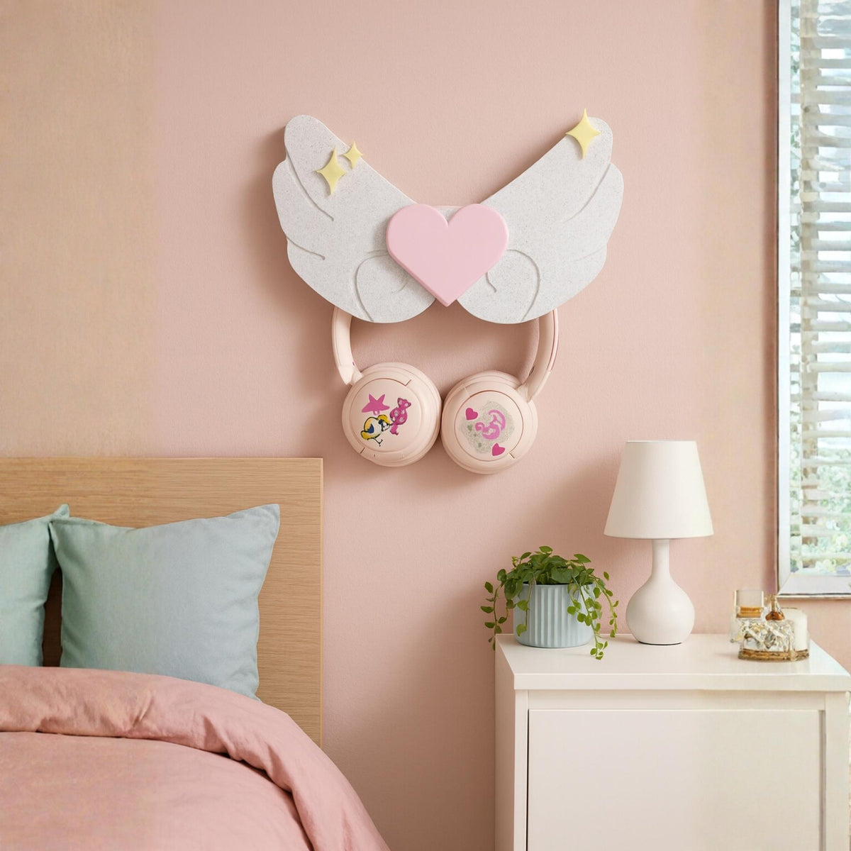 Angel Wings Headphone Holder • Wall Mounted Heart Wing Hanger • Pastel Headset Organiser for Bedroom or Desk - ThreadaliciousUK