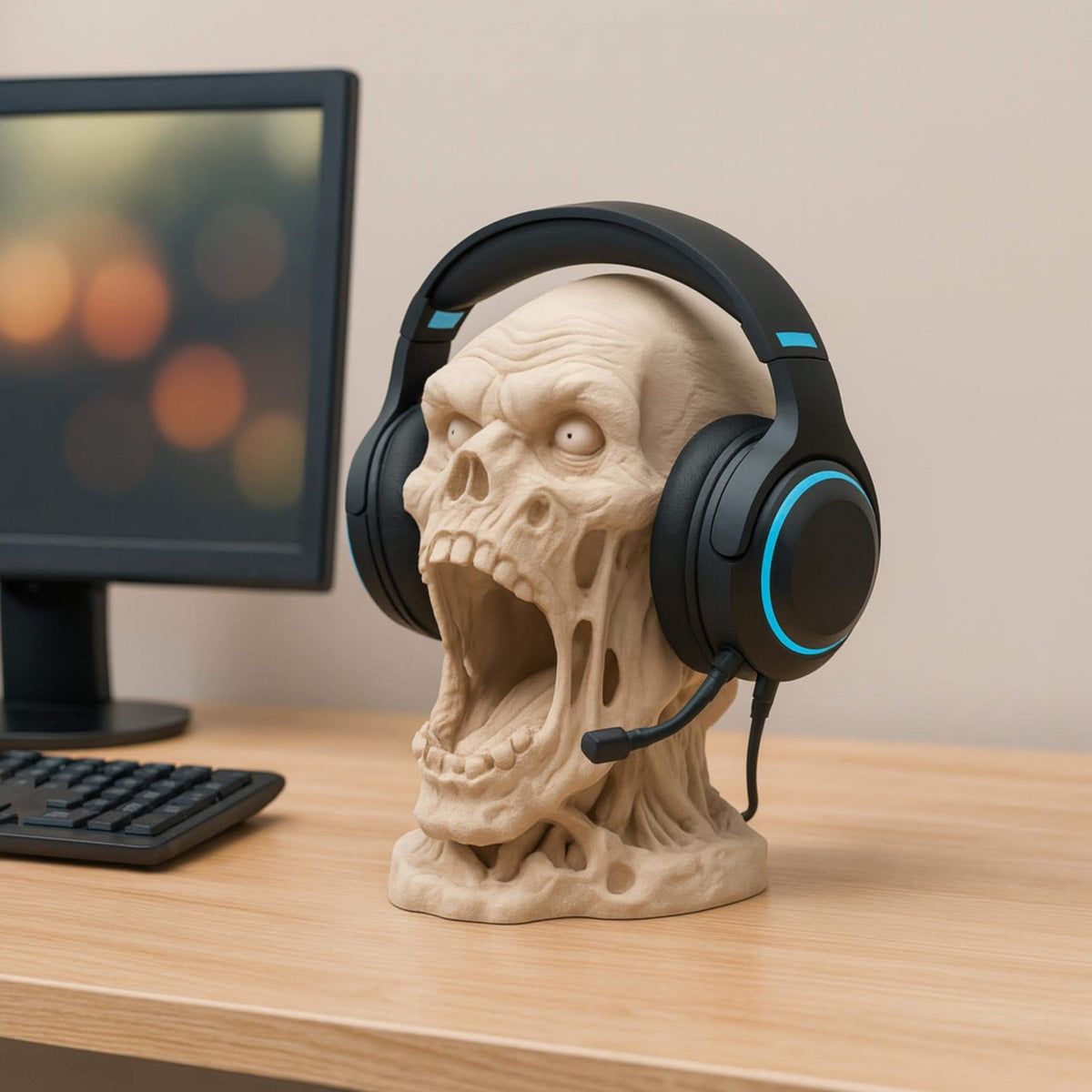 Zombie Head Headphone Stand • Horror Desk Holder • Undead Skull Headset Display for Gaming or Office Setups - ThreadaliciousUK