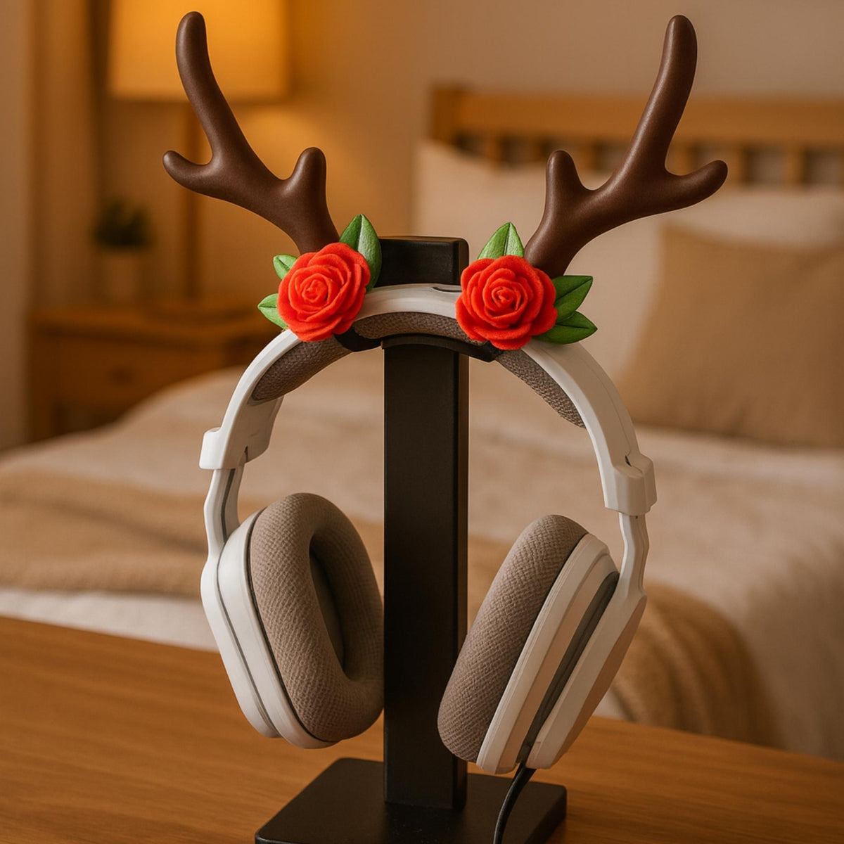 Reindeer Antler Headphone Accessories • Floral Antlers Clip-On Set • Festive Cosy Desk or Gaming Setup Decor - ThreadaliciousUK