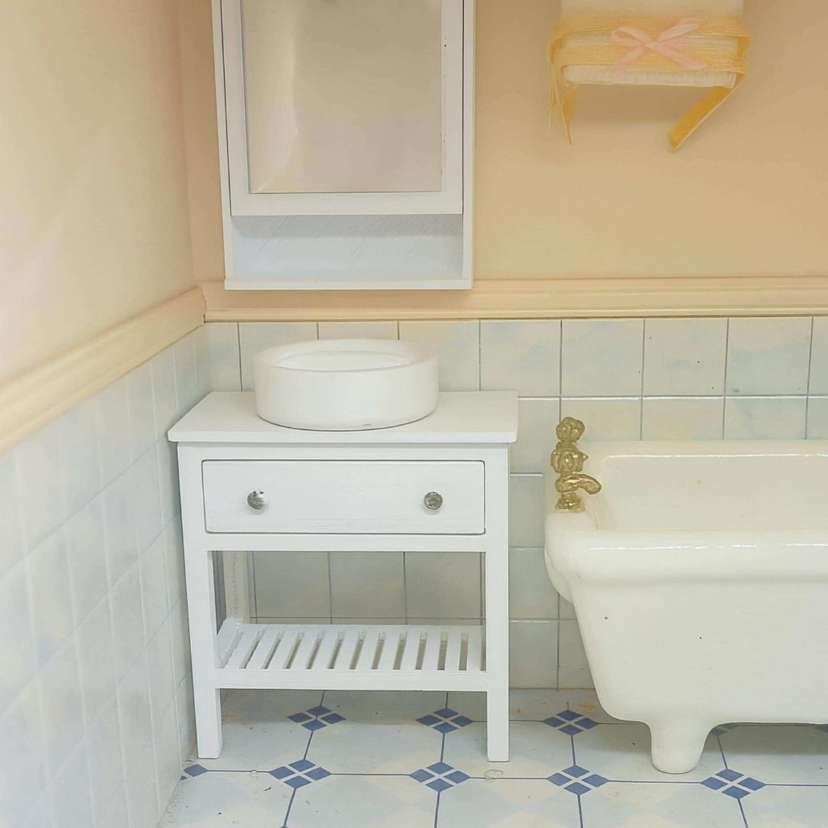 Miniature Dollhouse Sink Unit • Round Countertop Basin with Cabinet • Tiny Bathroom Furniture Accessory - ThreadaliciousUK