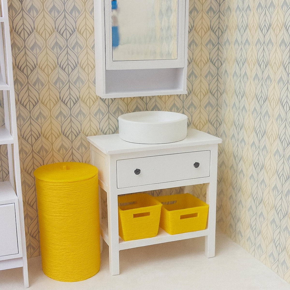 Miniature Dollhouse Sink Unit • Round Countertop Basin with Cabinet • Tiny Bathroom Furniture Accessory - ThreadaliciousUK
