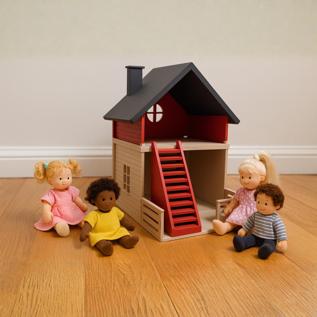 Miniature Dollhouse Cottage • Two-Storey Wooden House with Porch and Stairs • Tiny Model Home for Displays - ThreadaliciousUK