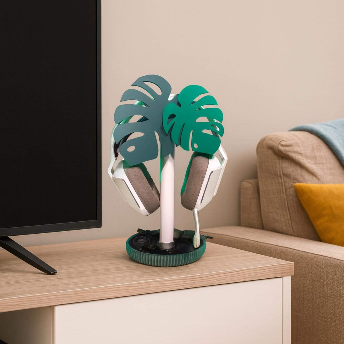 Monstera Headphone Stand • Tropical Leaf Desk Holder • Stylish Headset Display for Gaming or Office Setups - ThreadaliciousUK