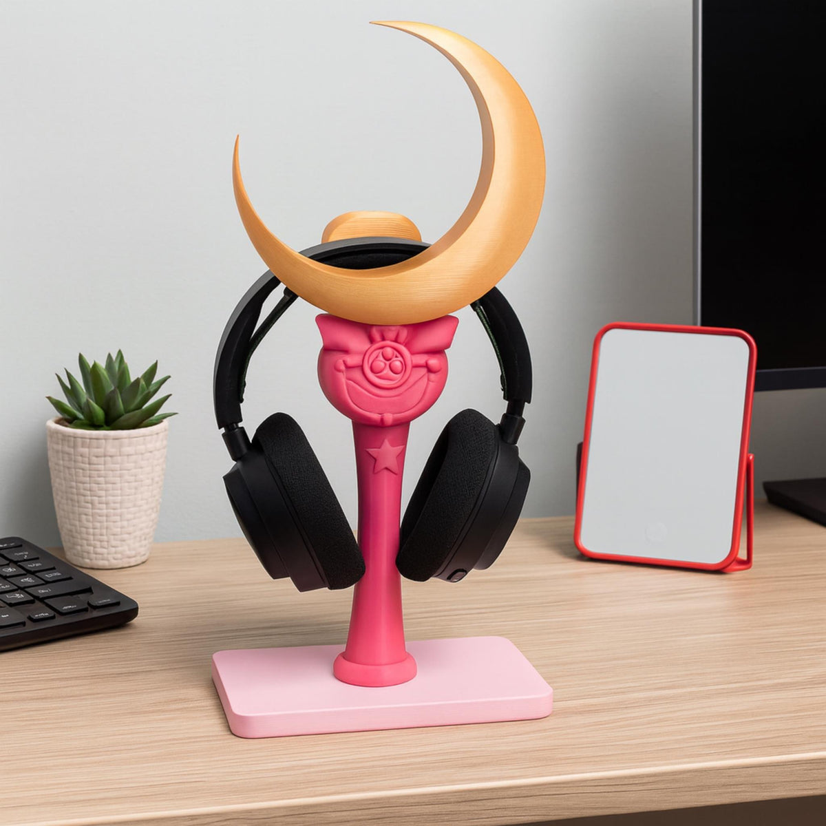 Moon Headphone Stand • Magical Crescent Desk Holder • Pink Headset Display for Gaming or Office Setups - ThreadaliciousUK