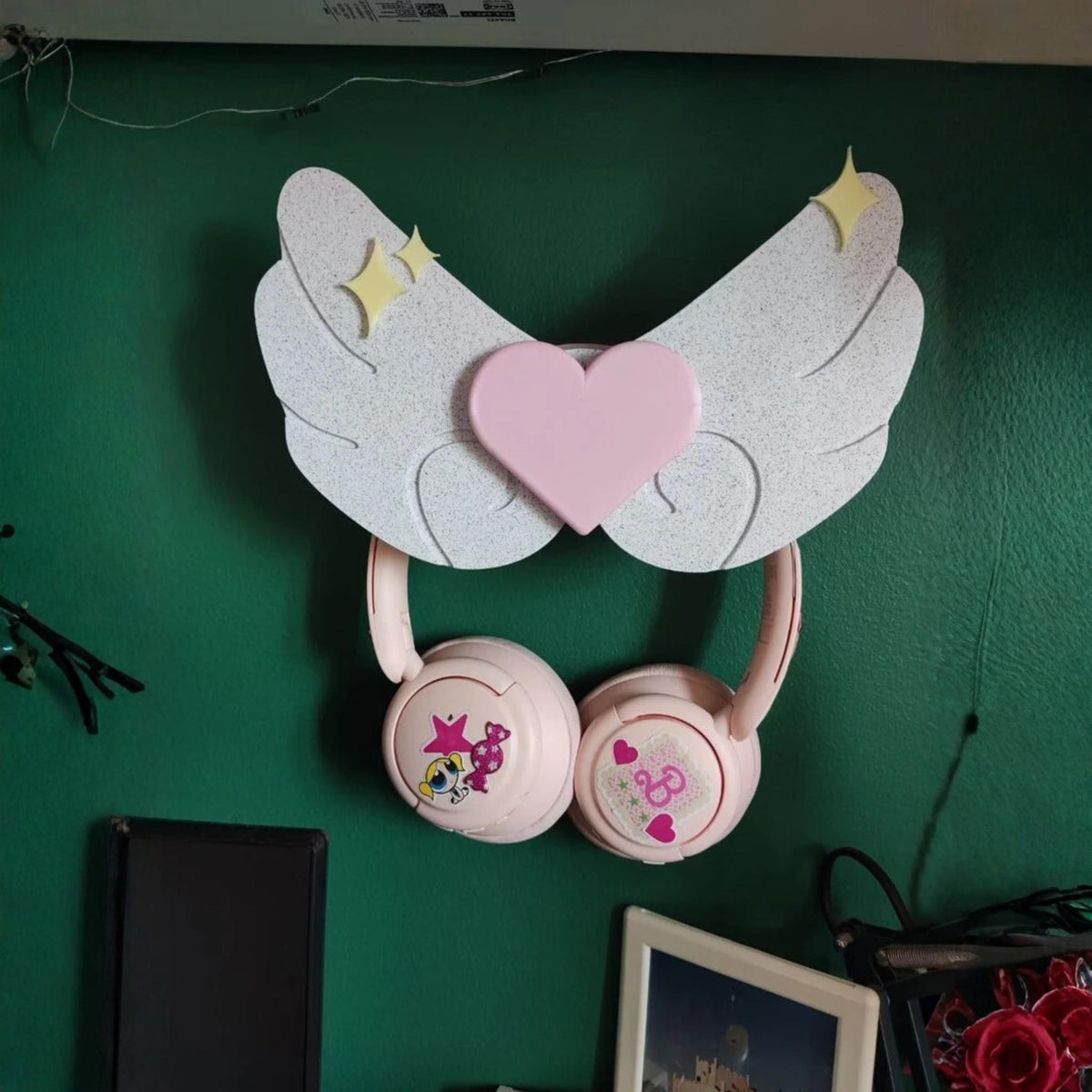 Angel Wings Headphone Holder • Wall Mounted Heart Wing Hanger • Pastel Headset Organiser for Bedroom or Desk - ThreadaliciousUK
