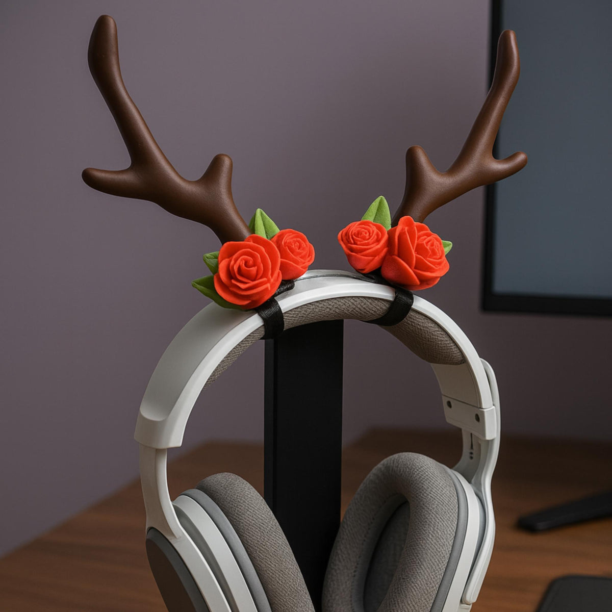 Reindeer Antler Headphone Accessories • Floral Antlers Clip-On Set • Festive Cosy Desk or Gaming Setup Decor - ThreadaliciousUK