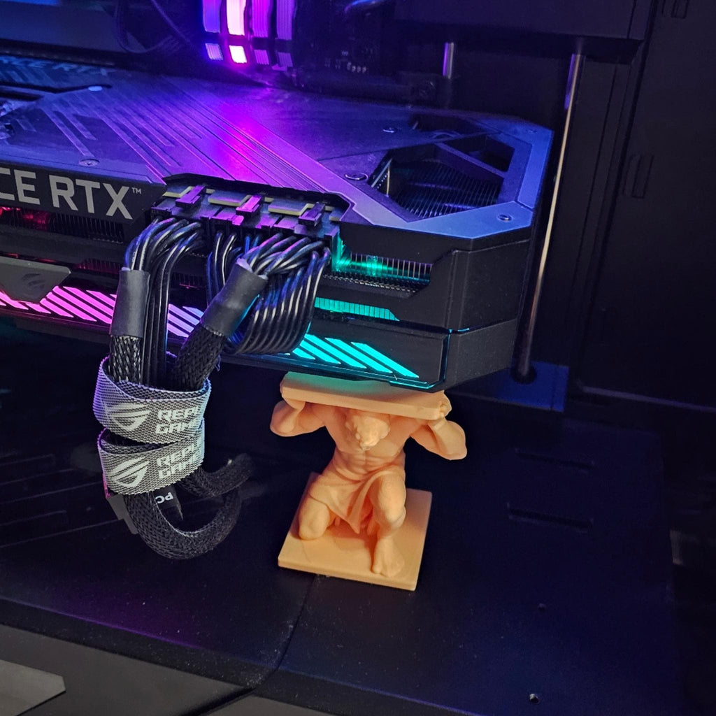 Atlas GPU Support Bracket • Mythology Inspired Graphics Card Holder • PC Case Display • Heavy Duty GPU Stand - MoreMiniaturesStudio