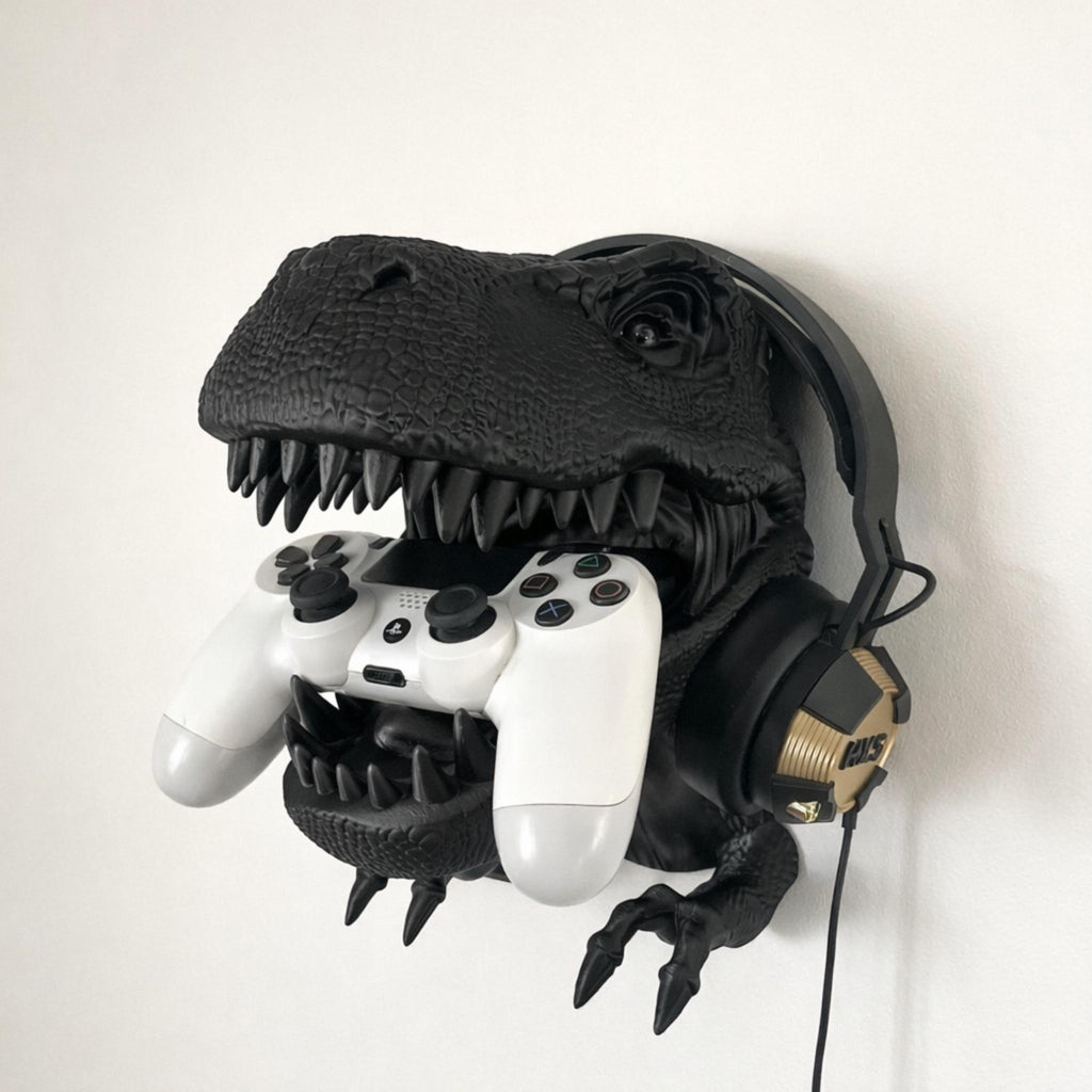 T-Rex Wall Mounted Headphone & Controller Holder | Dinosaur Gaming Display Stand - MoreMiniaturesStudio
