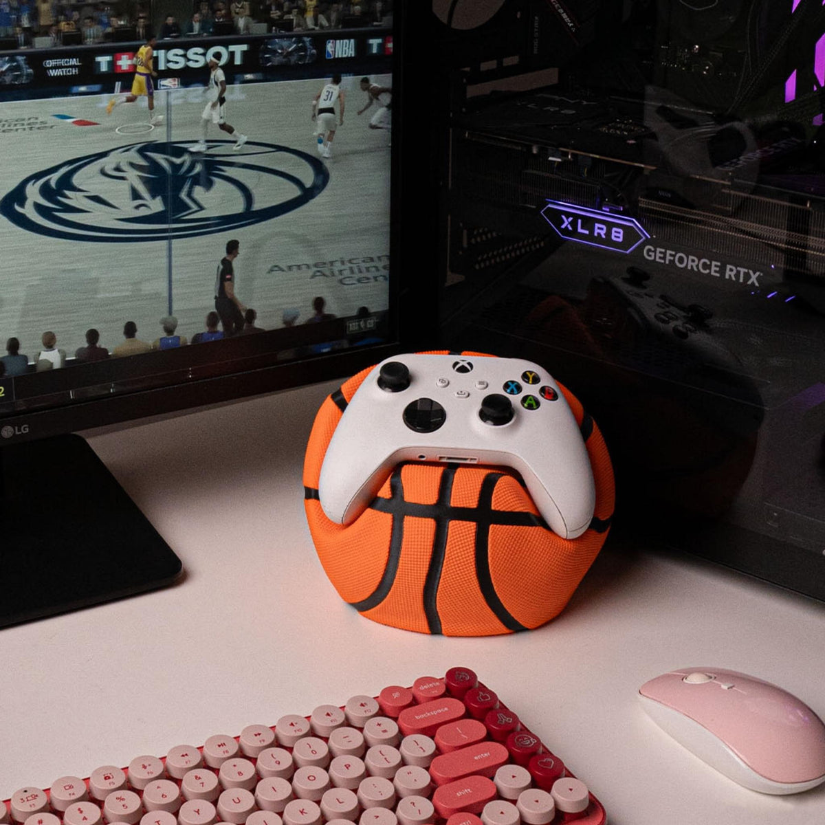 Basketball Controller Holder | Gaming Desk Stand, Sports Themed Controller Display, Gamer Gift Decor - MoreMiniaturesStudio
