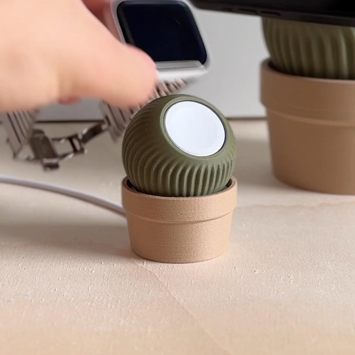 Cactus Watch Charging Dock • Plant Style Desk Stand • Minimal Bedside Charging Holder - MoreMiniaturesStudio