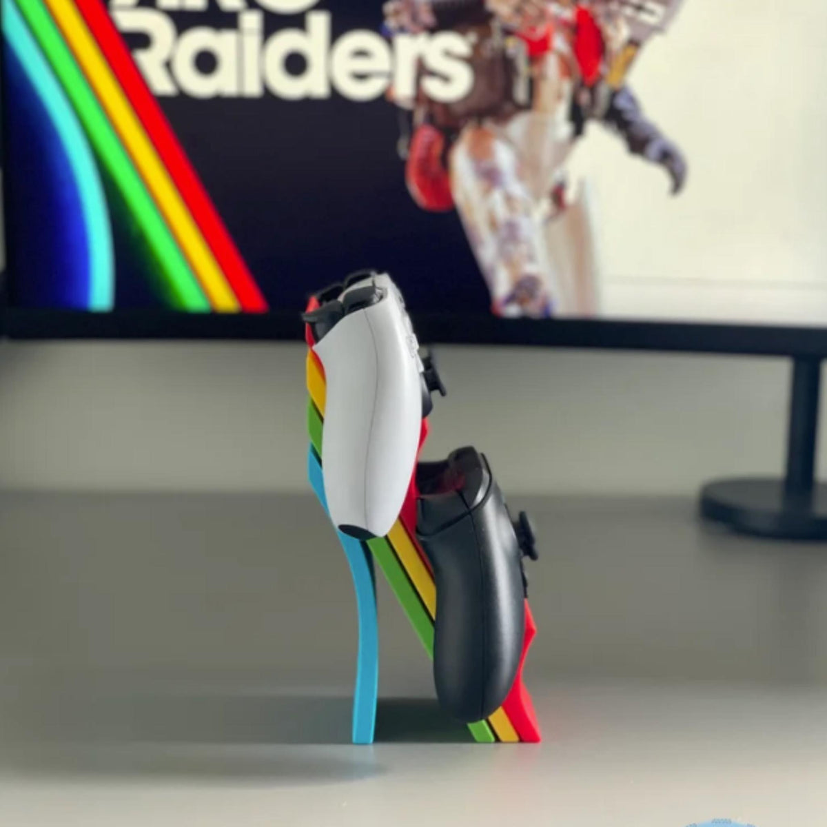 Retro Rainbow Controller Stand | Gaming Controller Holder | Desk Display Stand | Minimal Gamer Setup Decor | Console Accessory Gift - MoreMiniaturesStudio