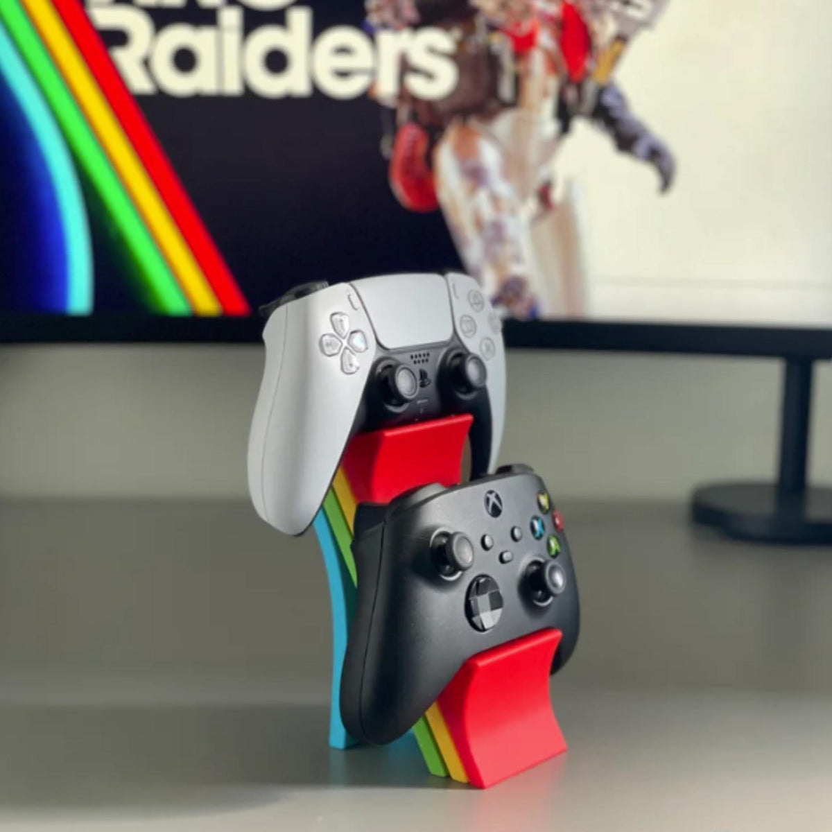 Retro Rainbow Controller Stand | Gaming Controller Holder | Desk Display Stand | Minimal Gamer Setup Decor | Console Accessory Gift - MoreMiniaturesStudio