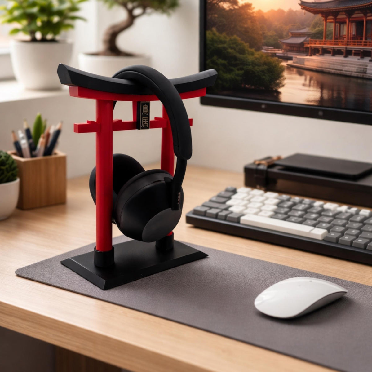 Japanese Torii Gate Headphone Stand | Zen Inspired Desk & Gaming Setup Headset Holder Display - MoreMiniaturesStudio