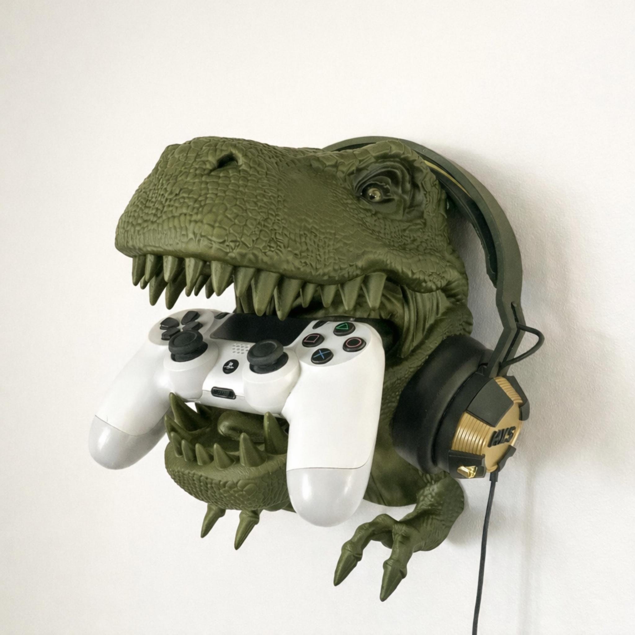 T-Rex Wall Mounted Headphone & Controller Holder | Dinosaur Gaming Display Stand - MoreMiniaturesStudio