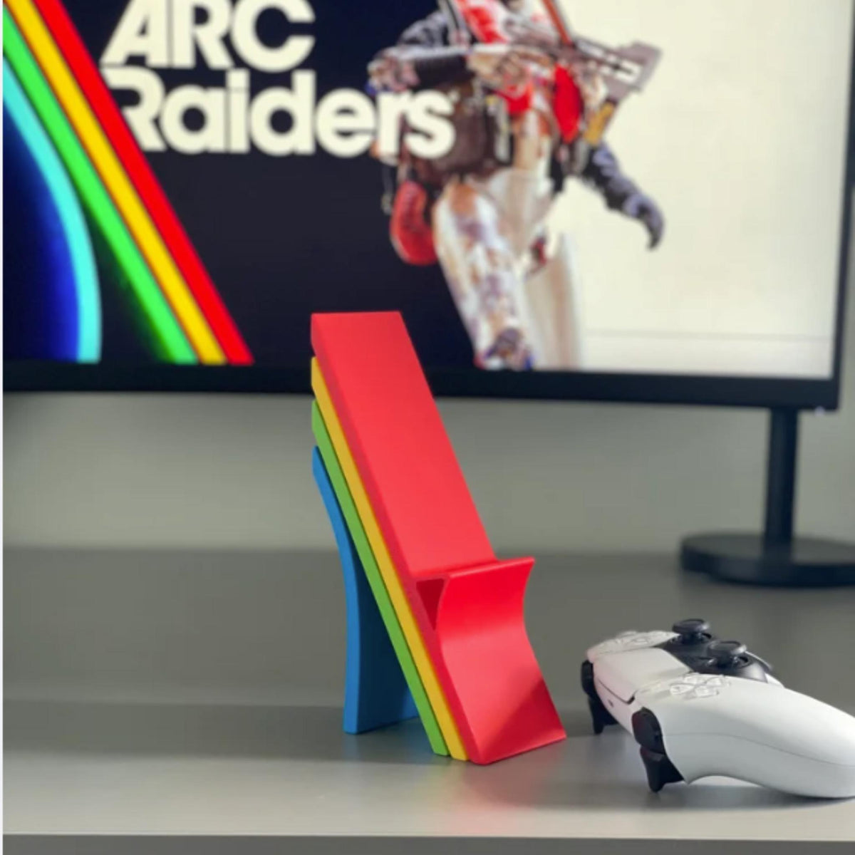 Retro Rainbow Controller Stand | Gaming Controller Holder | Desk Display Stand | Minimal Gamer Setup Decor | Console Accessory Gift - MoreMiniaturesStudio