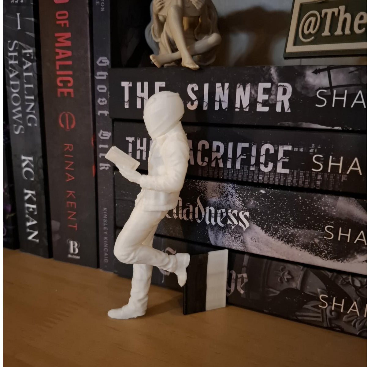 Biker Reader Bookshelf Decor | Helmet Book Lover Figurine | Dark Romance Shelf Ornament | Booktok Aesthetic Decor Gift - MoreMiniaturesStudio