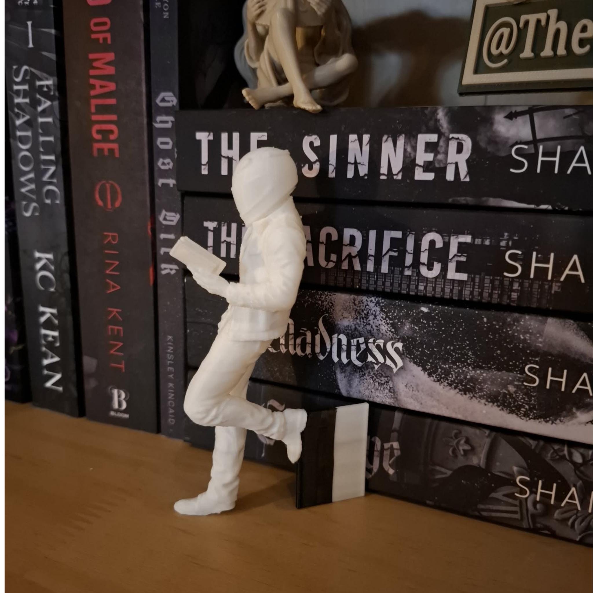 Biker Reader Bookshelf Decor | Helmet Book Lover Figurine | Dark Romance Shelf Ornament | Booktok Aesthetic Decor Gift - MoreMiniaturesStudio