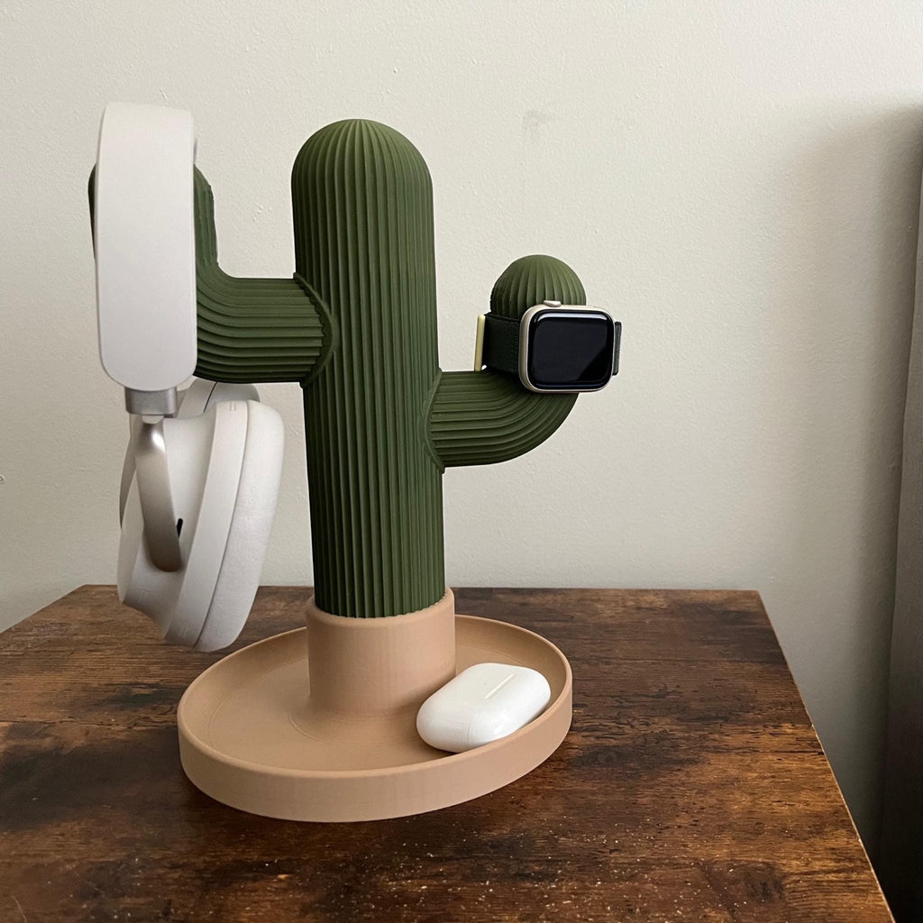 Modern Cactus Headphone Stand – Minimal Desk Headset Holder with Tray - StickShopUK