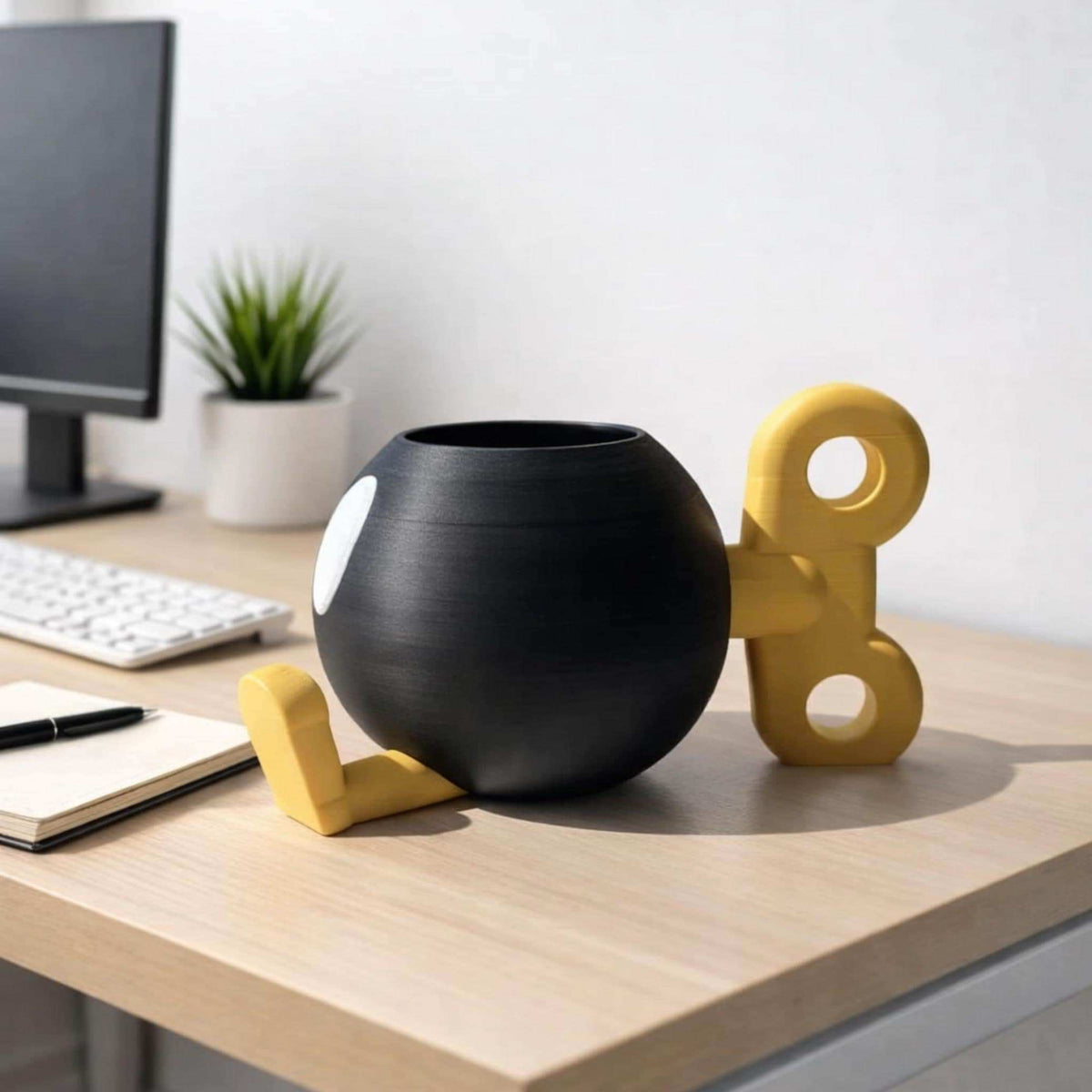 Retro Bomb Character Planter Pot, Gamer Desk Succulent Holder, Cute Anime Pen Organiser, Kawaii Gaming Room Decor Gift - StickShopUK