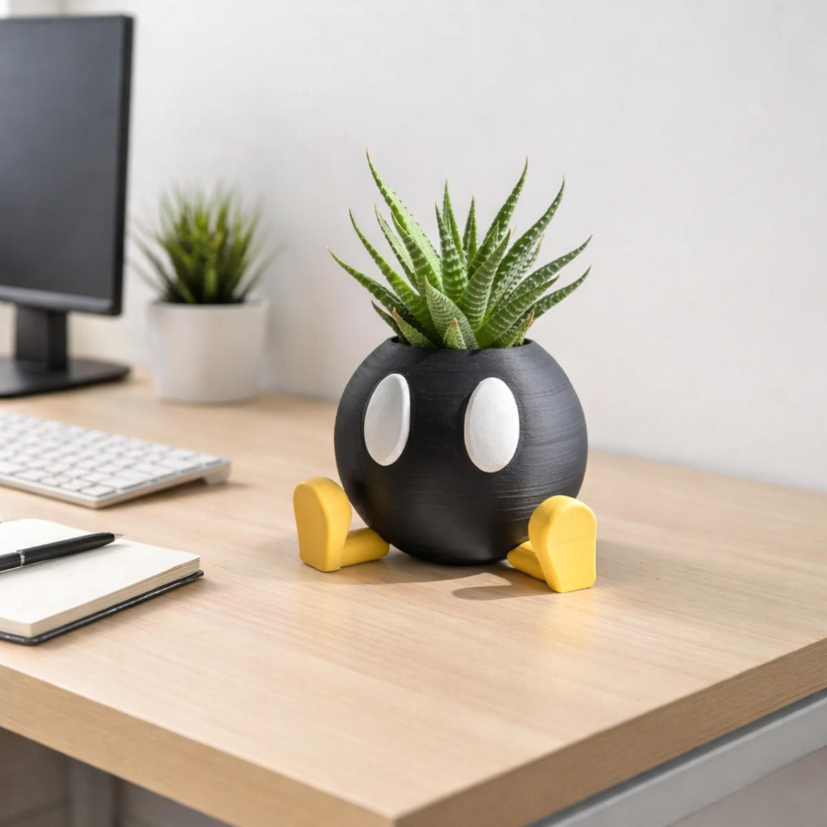 Retro Bomb Character Planter Pot, Gamer Desk Succulent Holder, Cute Anime Pen Organiser, Kawaii Gaming Room Decor Gift - StickShopUK