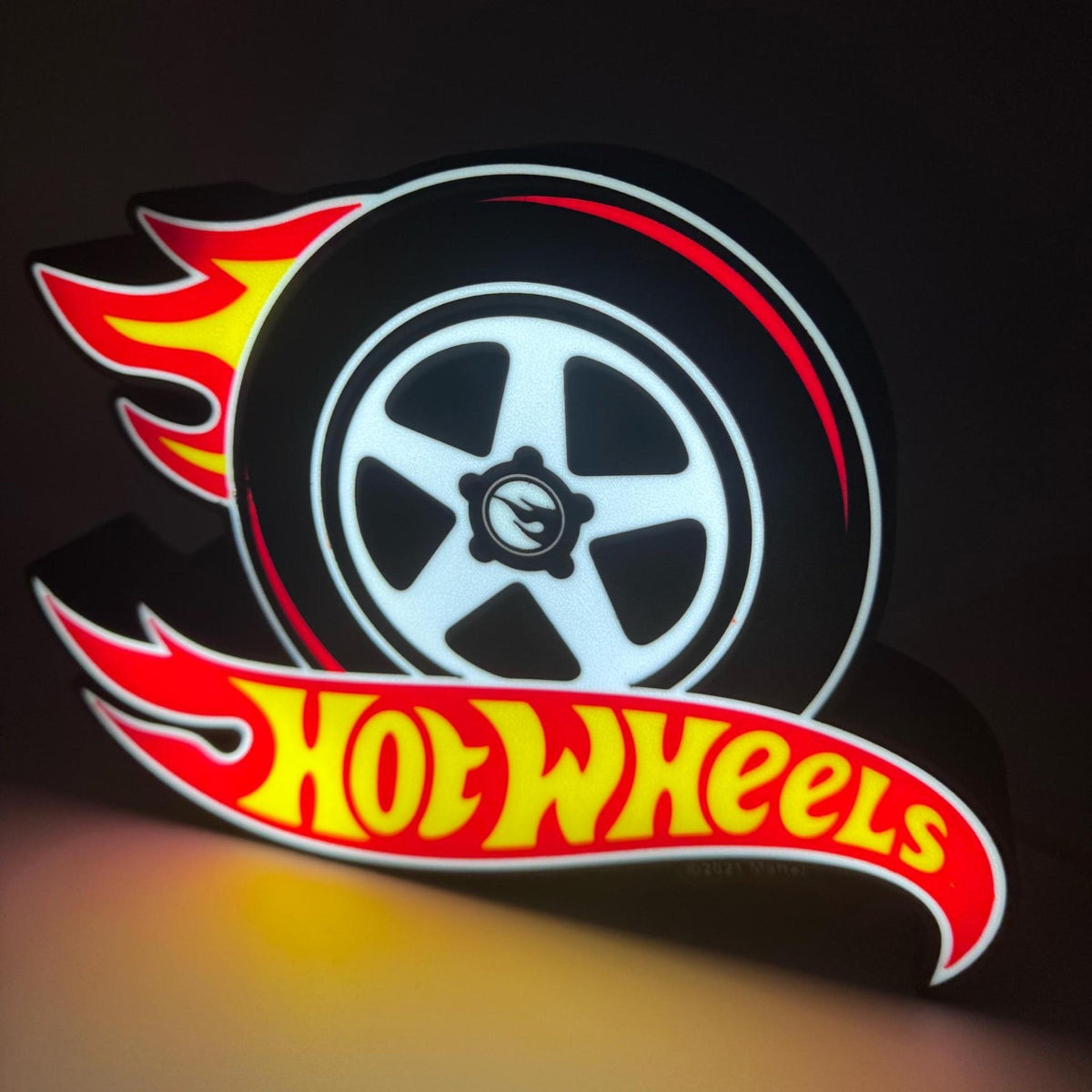 Flame Racing Wheel LED Lightbox, Retro Car Logo Wall Light, Kids Bedroom Decor, Garage Display Sign, Collector Gift Idea - StickShopUK