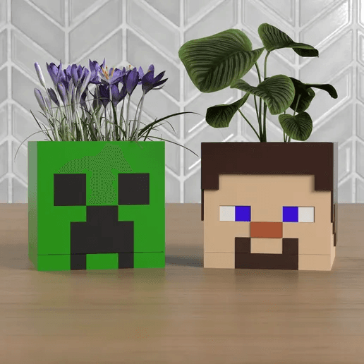 Minecraft-Style Steve & Creeper Inspired Planter Duo
