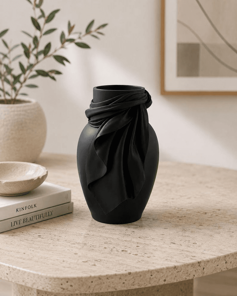 Matte Black Sculpted Draped Fabric Flower Vase