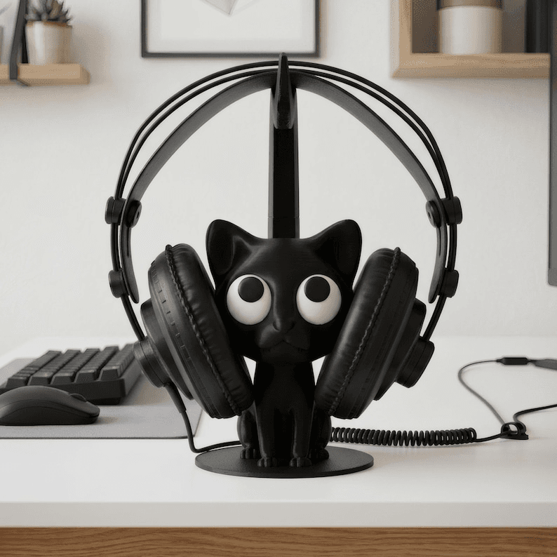Cute Black Cat Headphone Stand | Cartoon Desk Holder