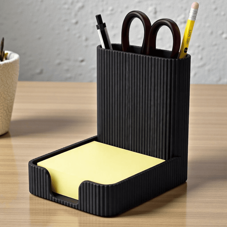 Black Ribbed Desk Organizer with Sticky Note Tray