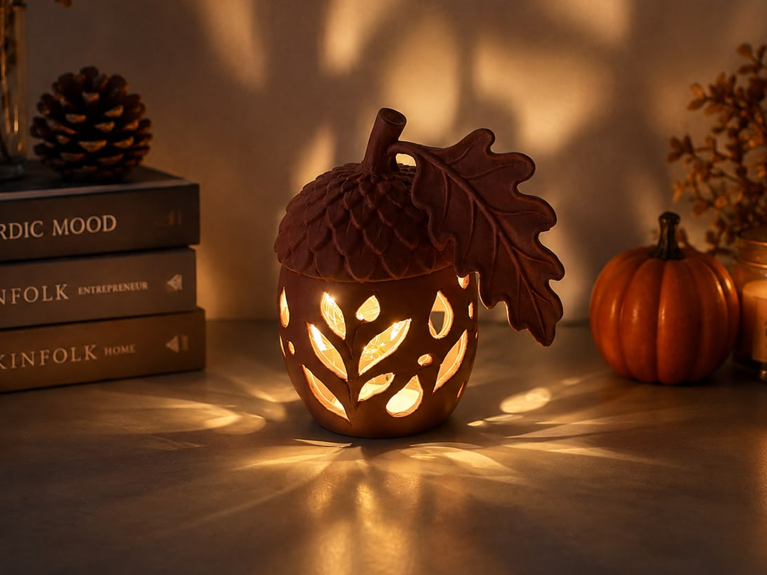 Acorn Lantern with Oak Leaf – Autumn LED Nature Light Decor