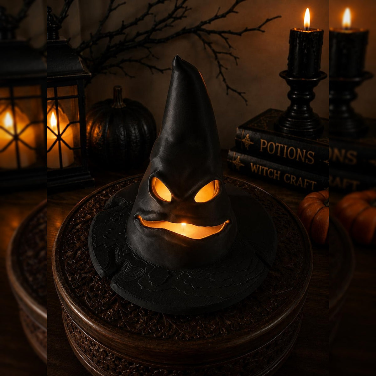 Glowing Witch Hat Face Ornament | Gothic Halloween Decor