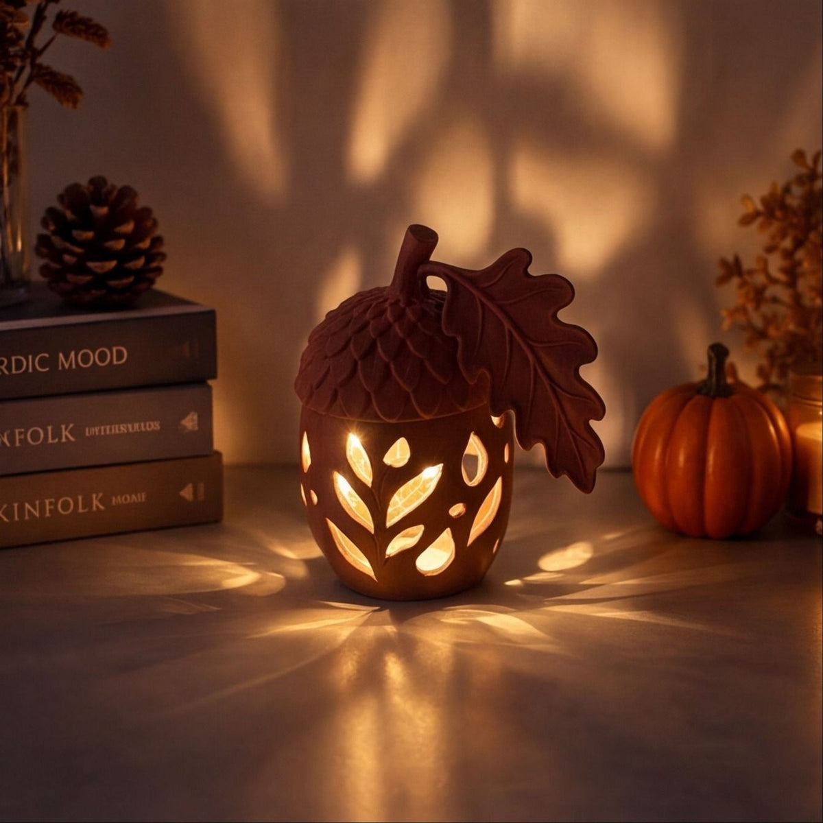 Acorn Lantern with Oak Leaf – Autumn LED Nature Light Decor