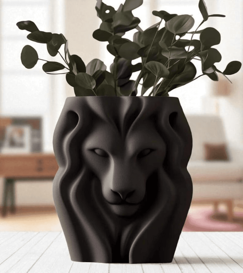 Regal Lion Head Flower Vase – Matte Black Home Decor Planter